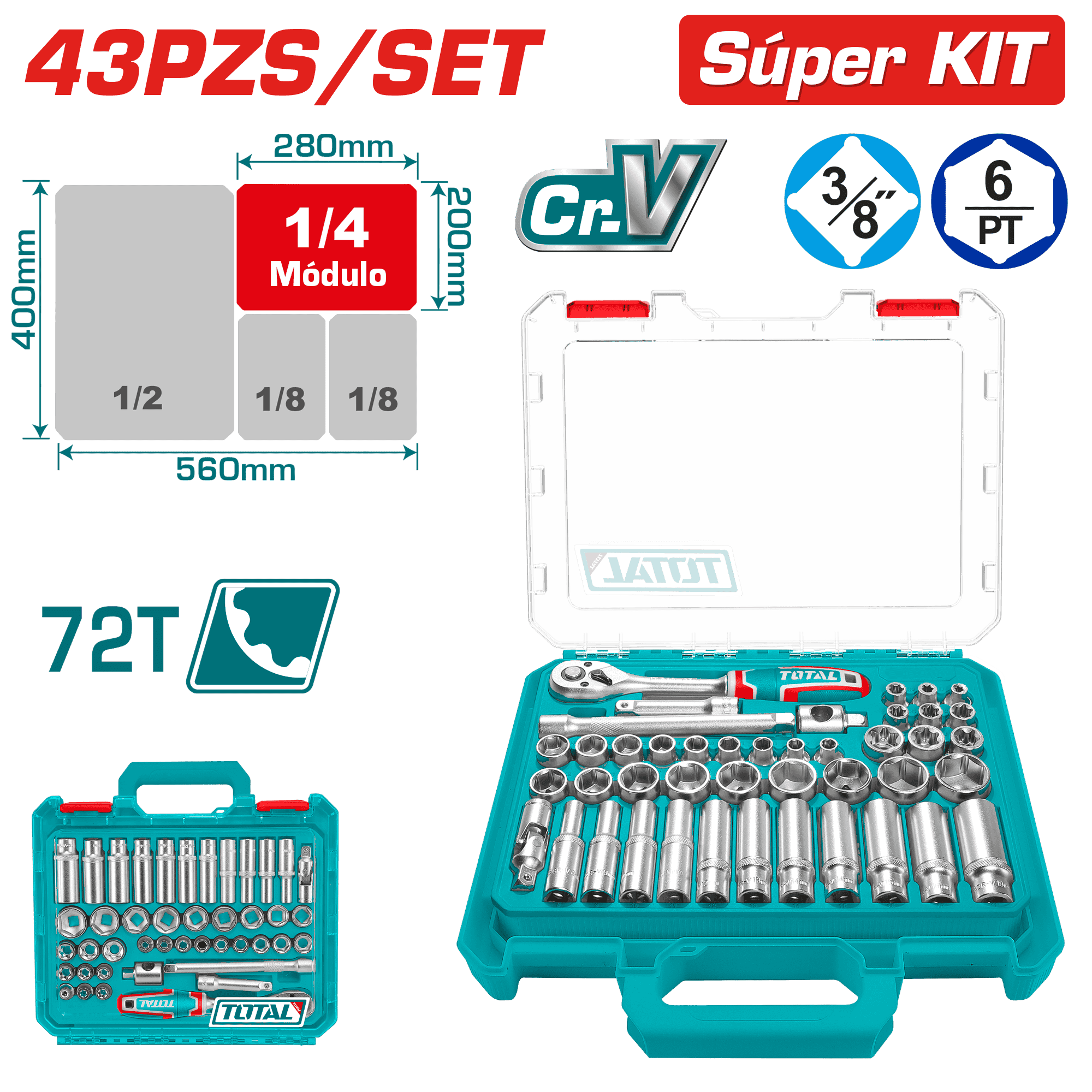 SET RACHET 3/8 + SOCKET 50BV30 43PCS + MALETIN INDUSTRIAL