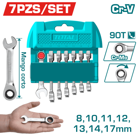 SET LLAVES COMB RATCHET (CORTO) 7PCS CR.V+CR-MO 90T 8-17MM + COLGADOR INDUSTRIAL