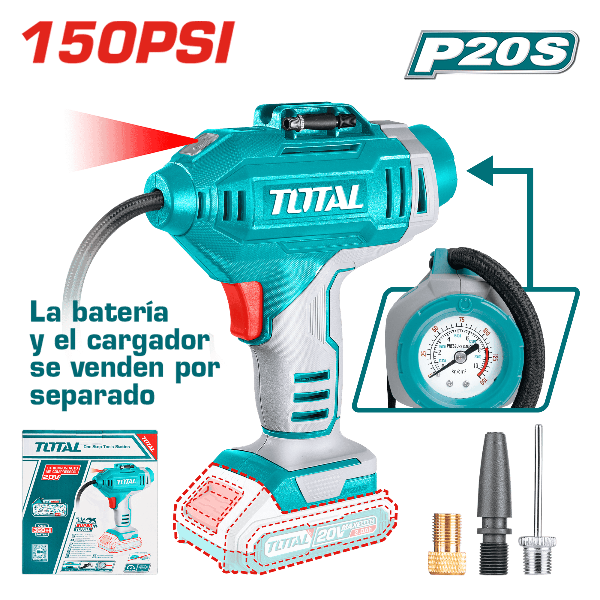 MINI COMPRESORA P/AUTO 20V LI-ION P20S 150PSI/10.34BAR