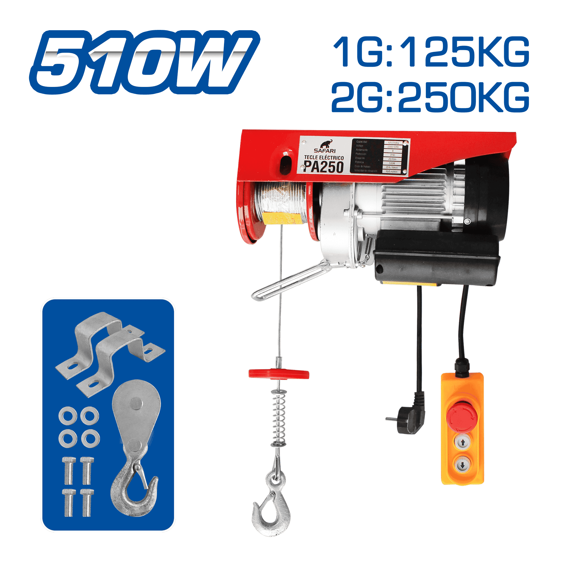 TECLE ELECTRICO 510W 1G:125KG / 2G:250KG E:6-12M V:5-10M/MIN