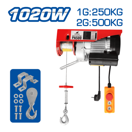 TECLE ELECTRICO 1020W 1G:250KG / 2G:500KG E:6-12M V:5-10M/MIN