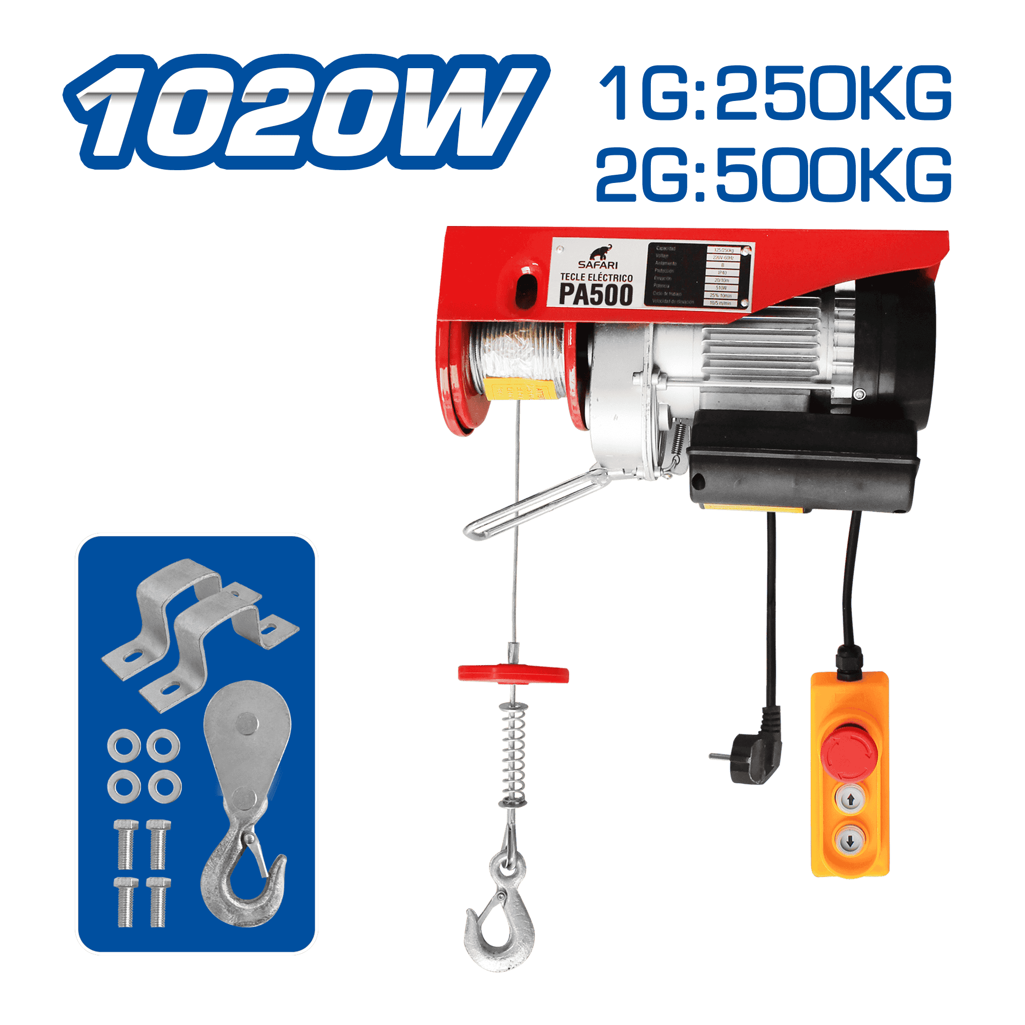 TECLE ELECTRICO 1020W 1G:250KG / 2G:500KG E:6-12M V:5-10M/MIN