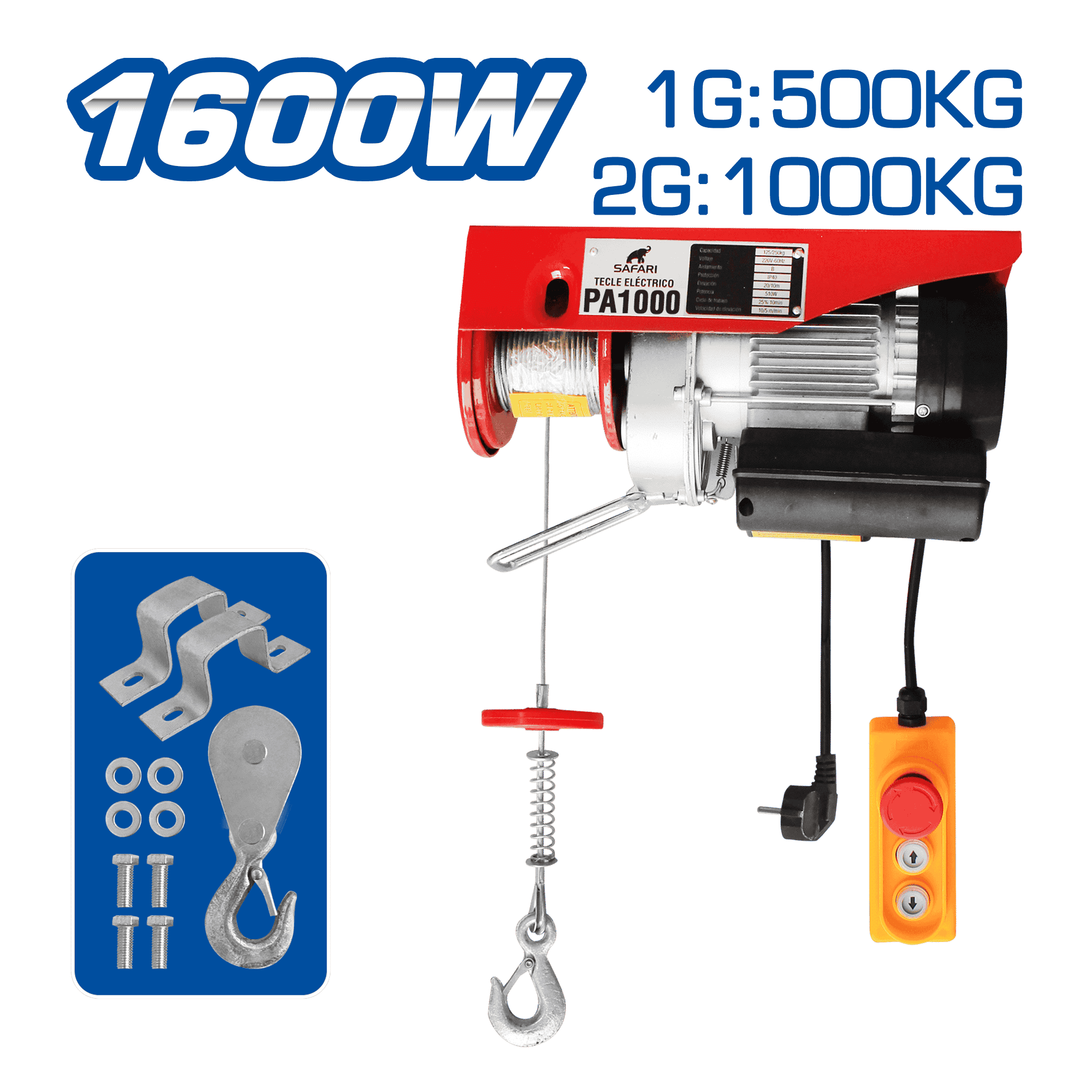 TECLE ELECTRICO 1600W 1G:500KG / 2G:1000KG E:6-12M V:4-8M/MIN