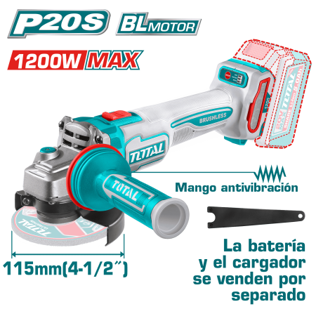 AMOLADORA 20V BL 3000-9000RPM 115MM M14 1200W ANTI-VIBRACION INDUSTRIAL