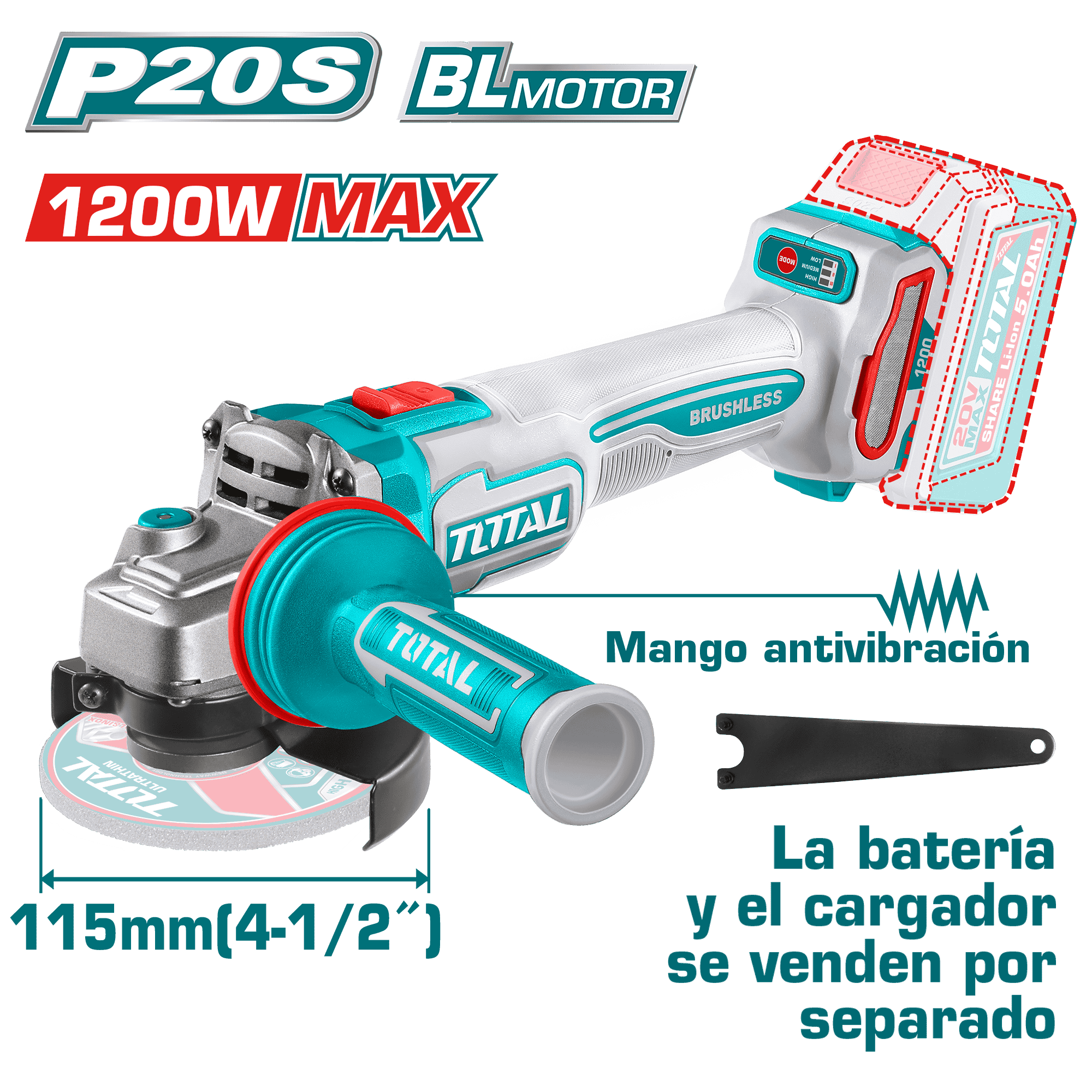 AMOLADORA 20V BL 3000-9000RPM 115MM M14 1200W ANTI-VIBRACION INDUSTRIAL