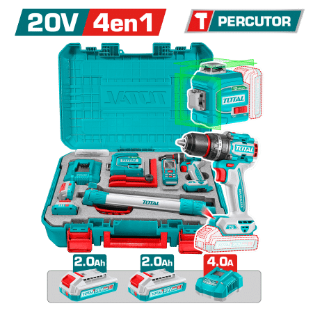 SET (4EN1) TALADRO PERC 76NM + NIVEL LASER + TRIP + MEDIDOR LASER INDUSTRIAL 2X2.0AH
