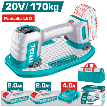 ELEVADOR DE SUCCIÓN 20V MAX HOR:170KG MAX VER: 60KG LED 2X2.0AH + MALETIN INDUSTRIAL