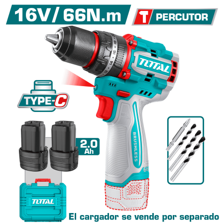TALADRO PERCUTOR 16V 66NM 13MM USB-C 2X2.0AH +ACC +MALETIN INDUSTRIAL