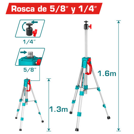 TRIPODE DE ALUMINIO P/NIVEL LASER 1.3M 1.15KG R:5/8 - 1/4