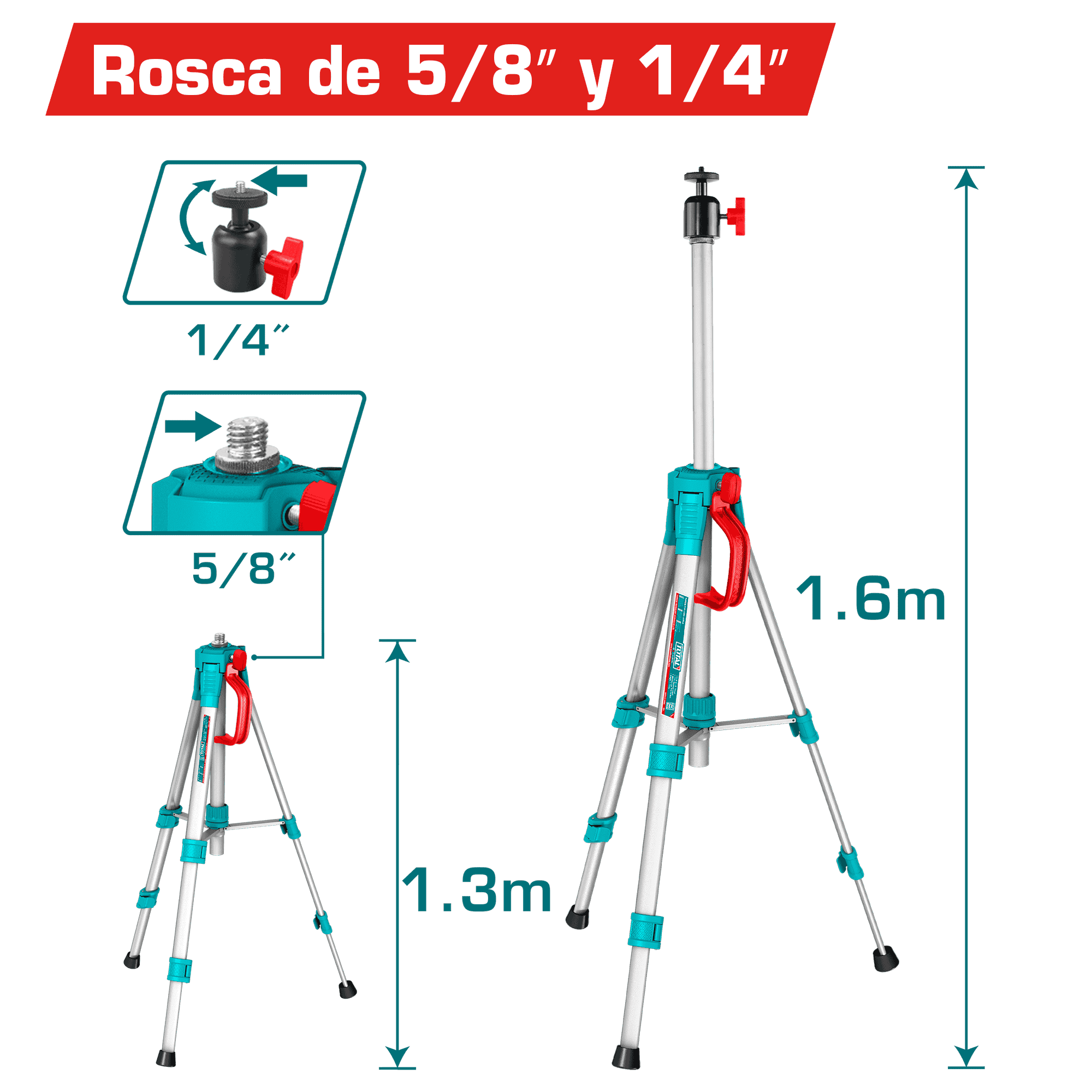 TRIPODE DE ALUMINIO P/NIVEL LASER 1.3M 1.15KG R:5/8 - 1/4