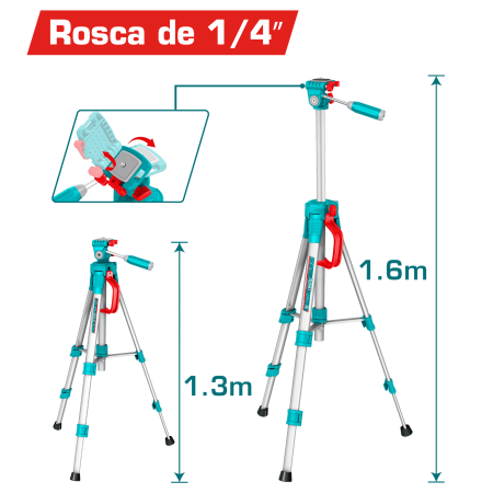 TRÍPODE DE ALUMINIO PARA NIVEL LÁSER, ALTURA 1.3 M, PESO 1.3 KG, ROSCA DE 1/4"