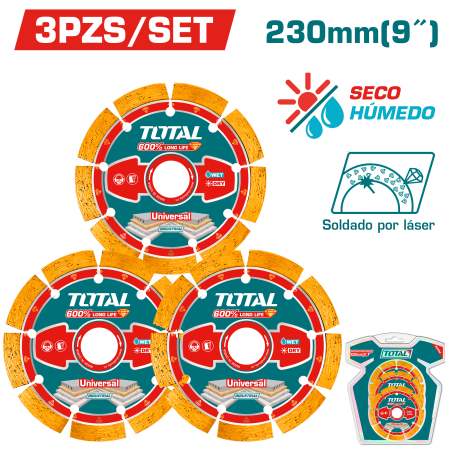 SET 3PCS DISCO DIAMANTADO SOLD.LASER 230MM HUM/SEC INDUSTRIAL