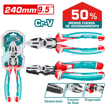 ALICATE DE FUERZA COMBINACIÓN 9.5"/240 MM CR-V, AHORRO DE ESFUERZO 50%, INDUSTRIAL