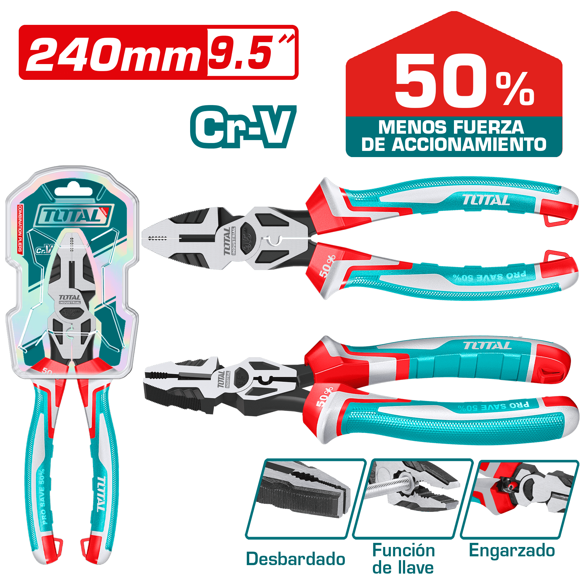 ALICATE DE FUERZA COMBINACIÓN 9.5"/240 MM CR-V, AHORRO DE ESFUERZO 50%, INDUSTRIAL