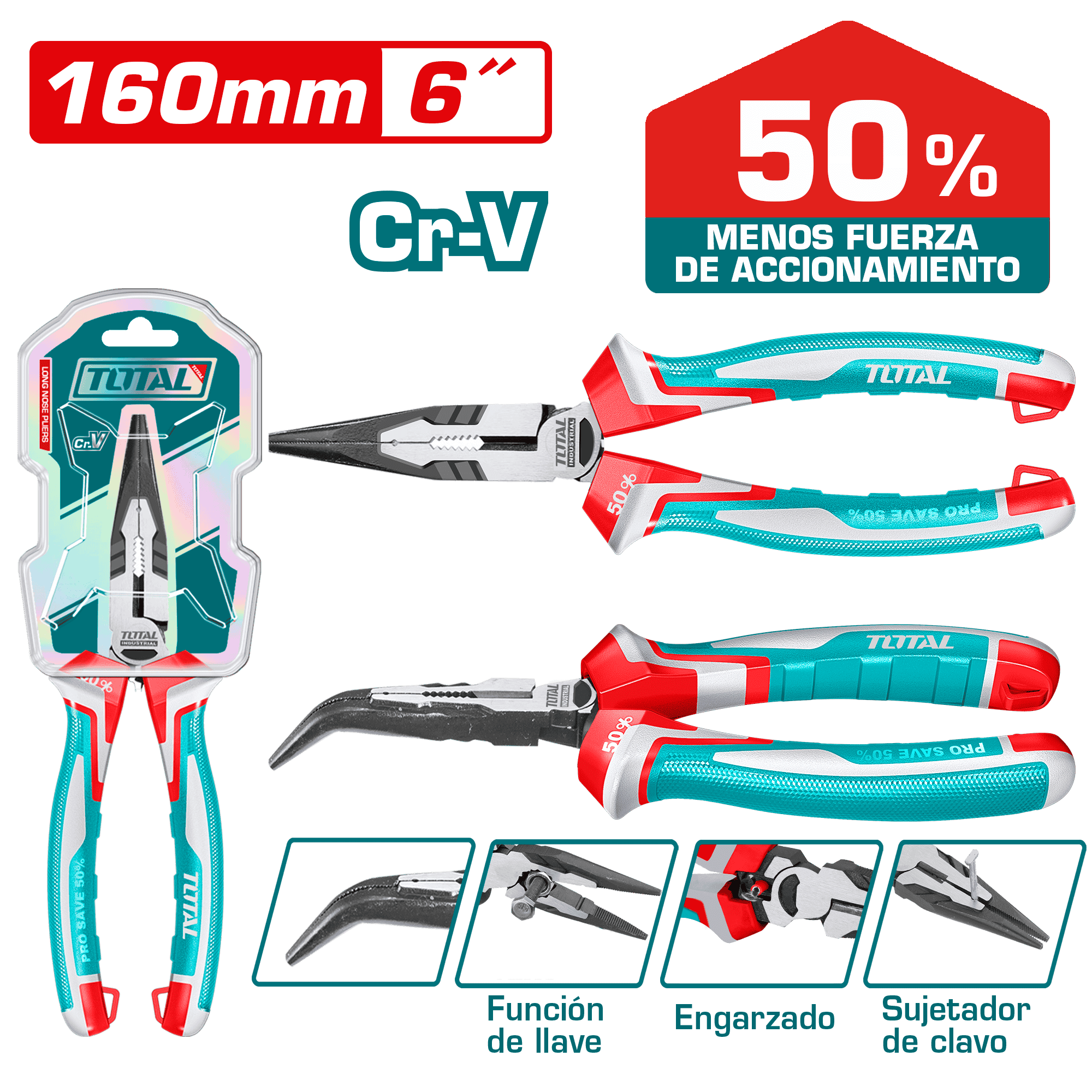 PINZA DE FUERZA PUNTA LARGA CURVA 6'' 160MM CR-V / TPR MEJ: 50% INDUSTRIAL