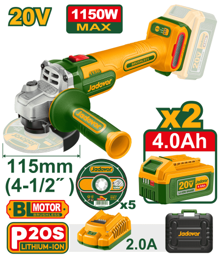 AMOLADORA 20V BL 3000-9000RPM 115MM M14 1150W 2X4.0AH MALETIN