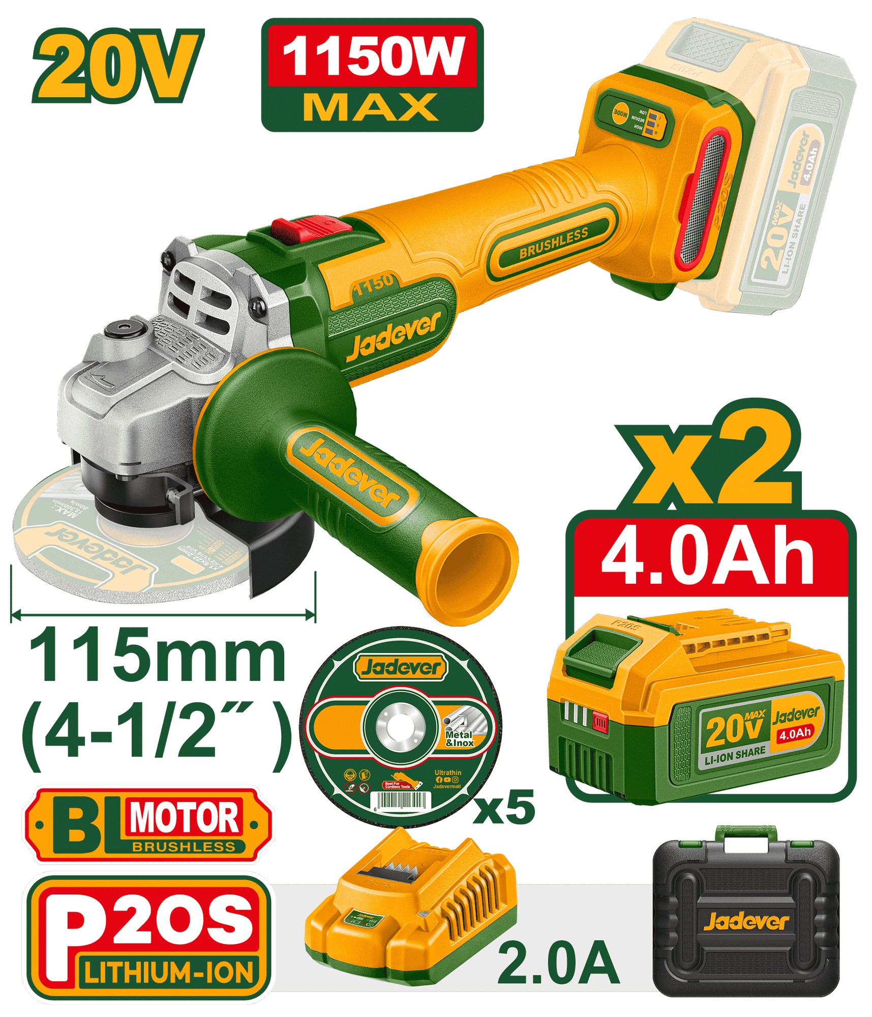 AMOLADORA 20V BL 3000-9000RPM 115MM M14 1150W 2X4.0AH MALETIN