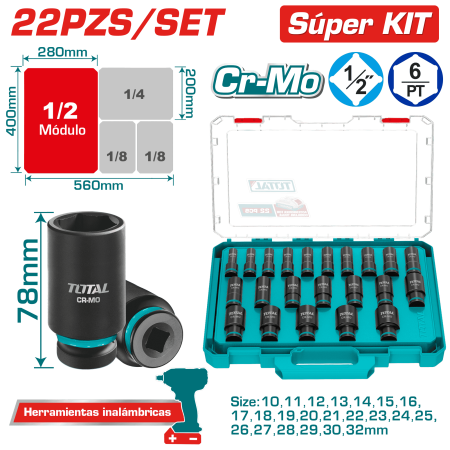 SET DADOS IMPACTO 1/2'' / 78MM 22PCS CR-MO MALETIN MODULAR INDU