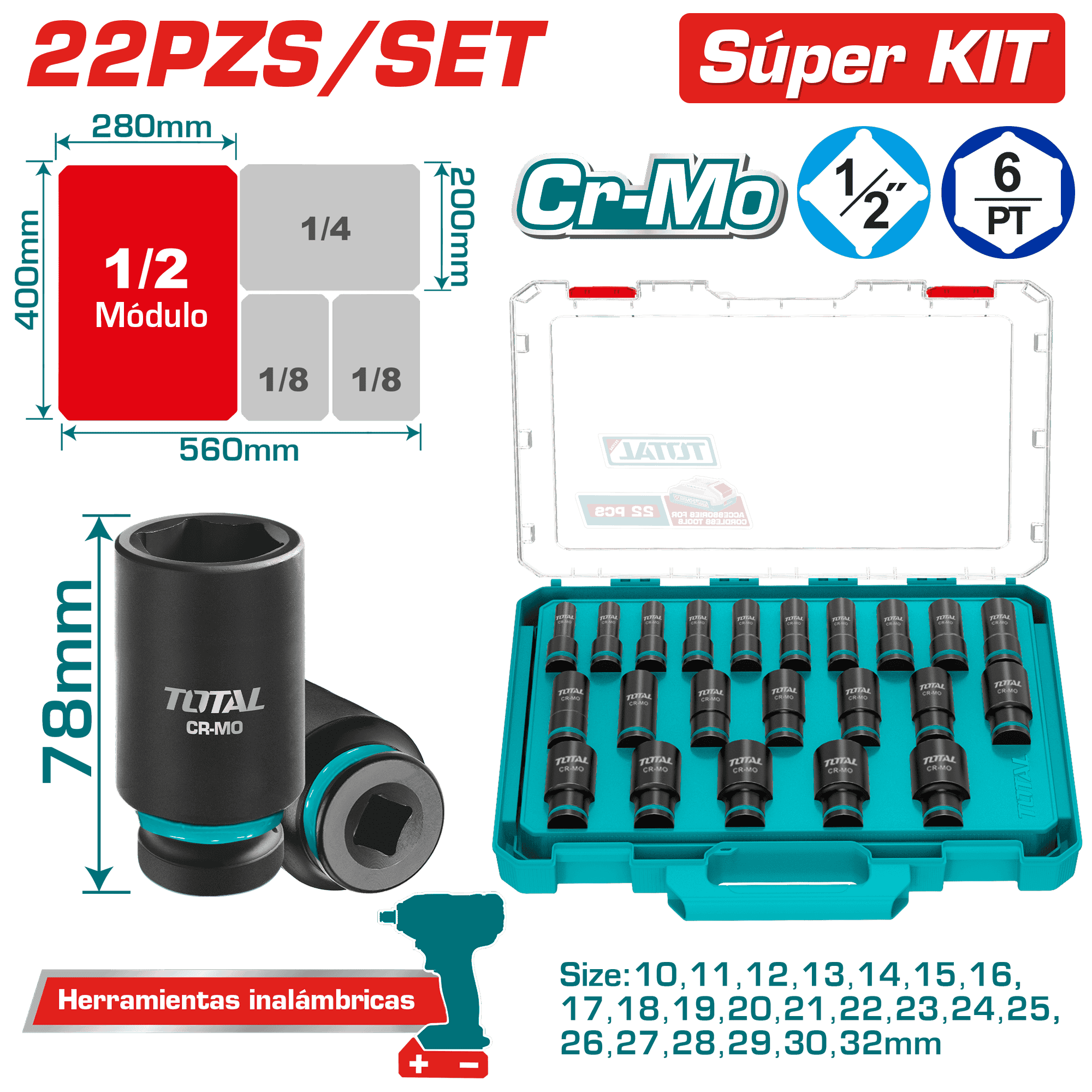 SET DADOS IMPACTO 1/2'' / 78MM 22PCS CR-MO MALETIN MODULAR INDU