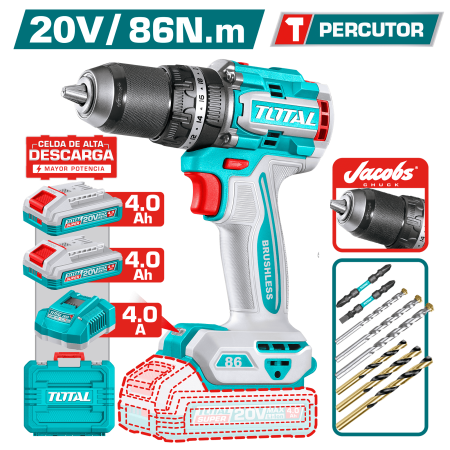 TALADRO PERCUTOR 20V BL 86NM 13MM 2X4.0AH(TC) C:JACOBS + ACC MALETIN INDUSTRIAL