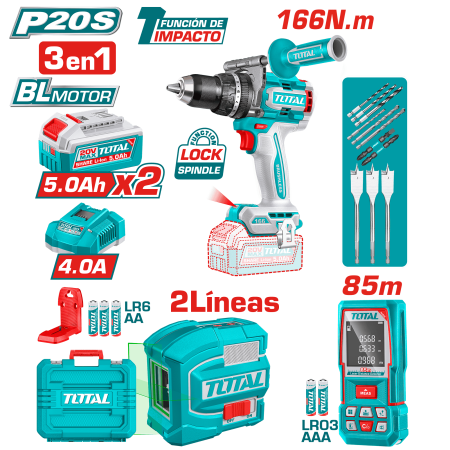 SET (3EN1) TALADRO PERC 166NM + NIVEL LASER + MEDIDOR LASER (2X5.0AH)