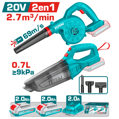 COMBO 2 EN 1 20 V SOPLADORA 2.7 M³/MIN + ASPIRADORA 0.7 L 2X2.0 AH + ACCESORIOS