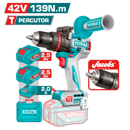 TALADRO PERCUTOR BL 42V 139NM 13MM 2X2.5AH C:JACOBS + MALETIN INDUSTRIAL