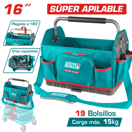 MALETIN DE HERRAMIENTAS 16'' 19 BOLSILLOS MAX15KG POLYESTER 1680D APILABLE INDUSTRIAL