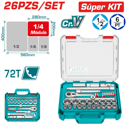 SET RACHET 1/2 + SCOKET + ACC CR-V ACERO 26PCS MALETIN MODULAR INDUSTRIAL