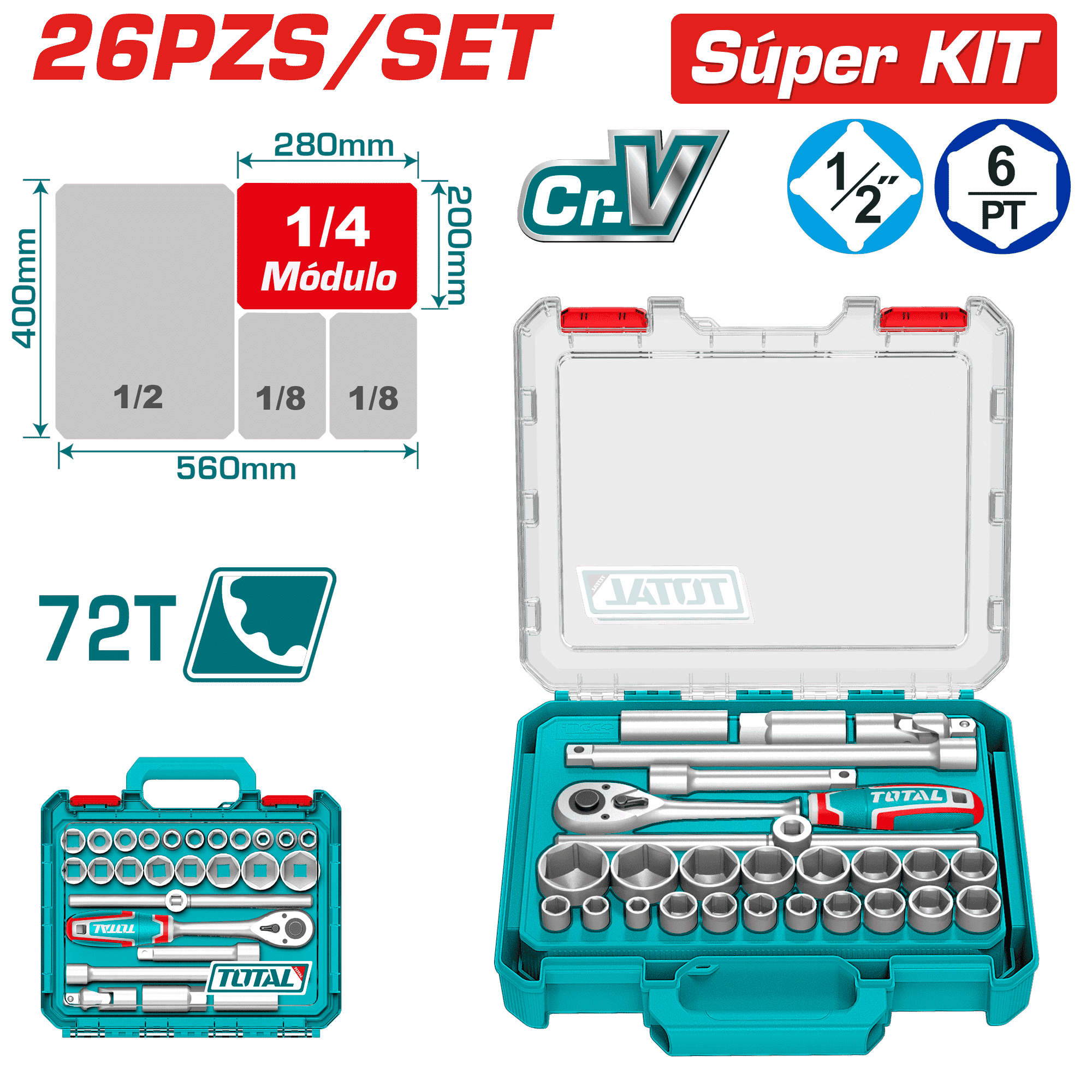 SET RACHET 1/2 + SCOKET + ACC CR-V ACERO 26PCS MALETIN MODULAR INDUSTRIAL