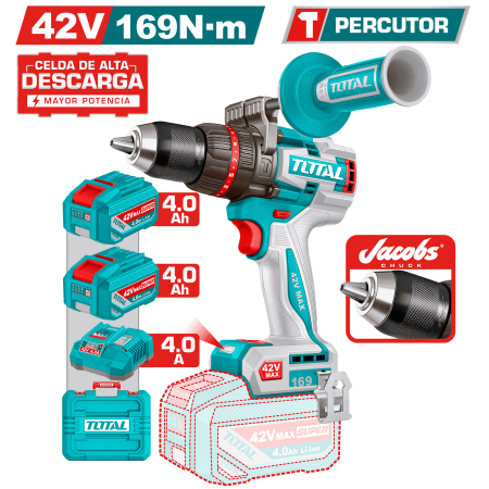 TALADRO PERCUTOR BL 42V 169NM 13MM 2X4.0AH TABLESS +ACC CHUCK JACOBS MALETIN INDUSTRIAL