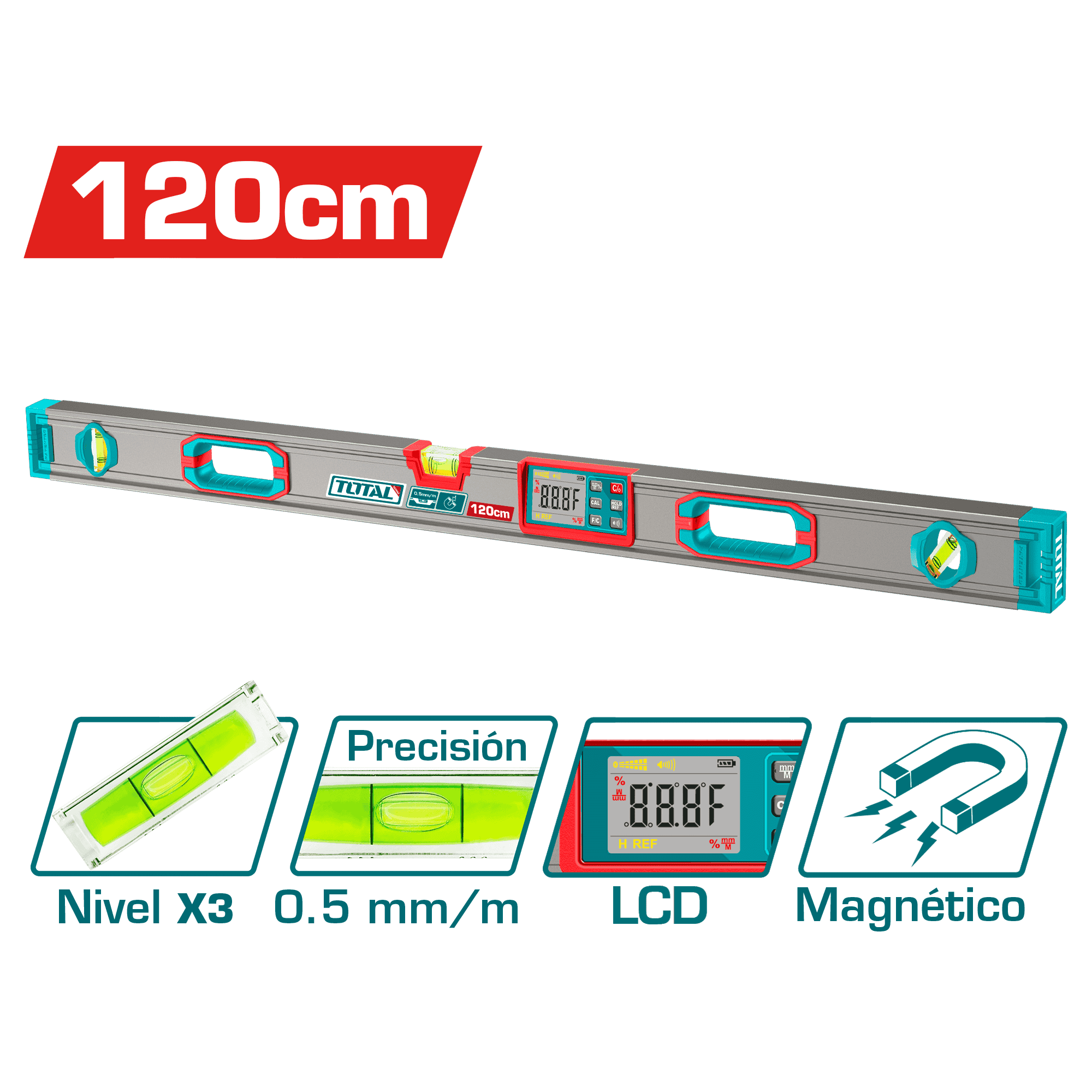 NIVEL BURBUJA DIGITAL LCD 120CM B:2 ALUMINIO PRES:0.5MM MAGNETICO IND.