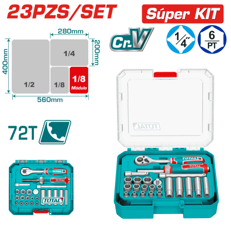SET RACHET 1/4 + SCOKET CR-V ACERO 23PCS MALETIN MODULAR INDUSTRIAL