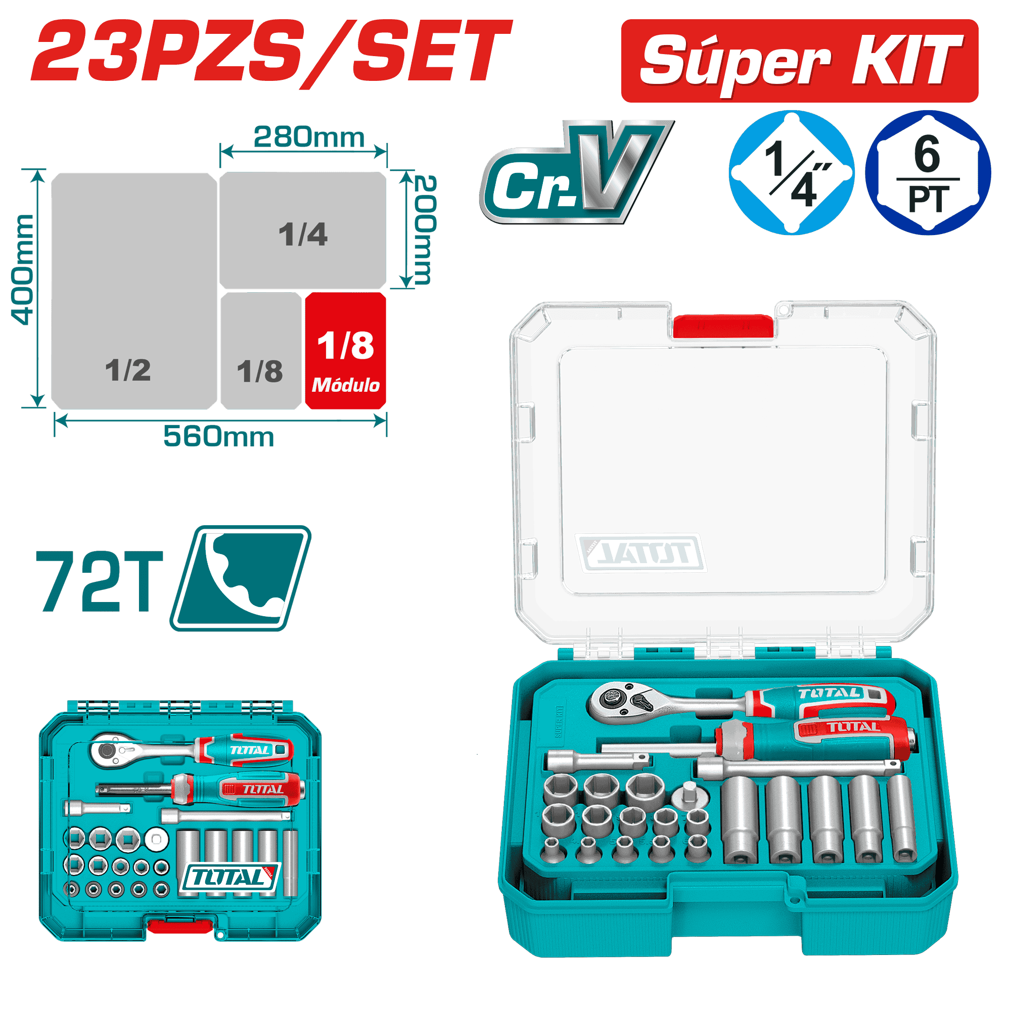 SET RACHET 1/4 + SCOKET CR-V ACERO 23PCS MALETIN MODULAR INDUSTRIAL