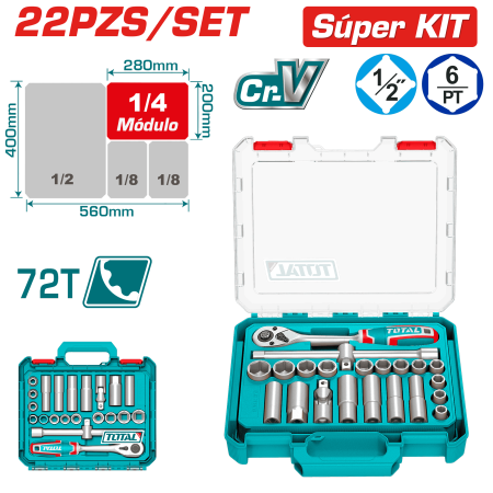 SET RACHET 1/2 + SOCKET 50BV30 22PCS MALETIN MODULAR INDUSTRIAL