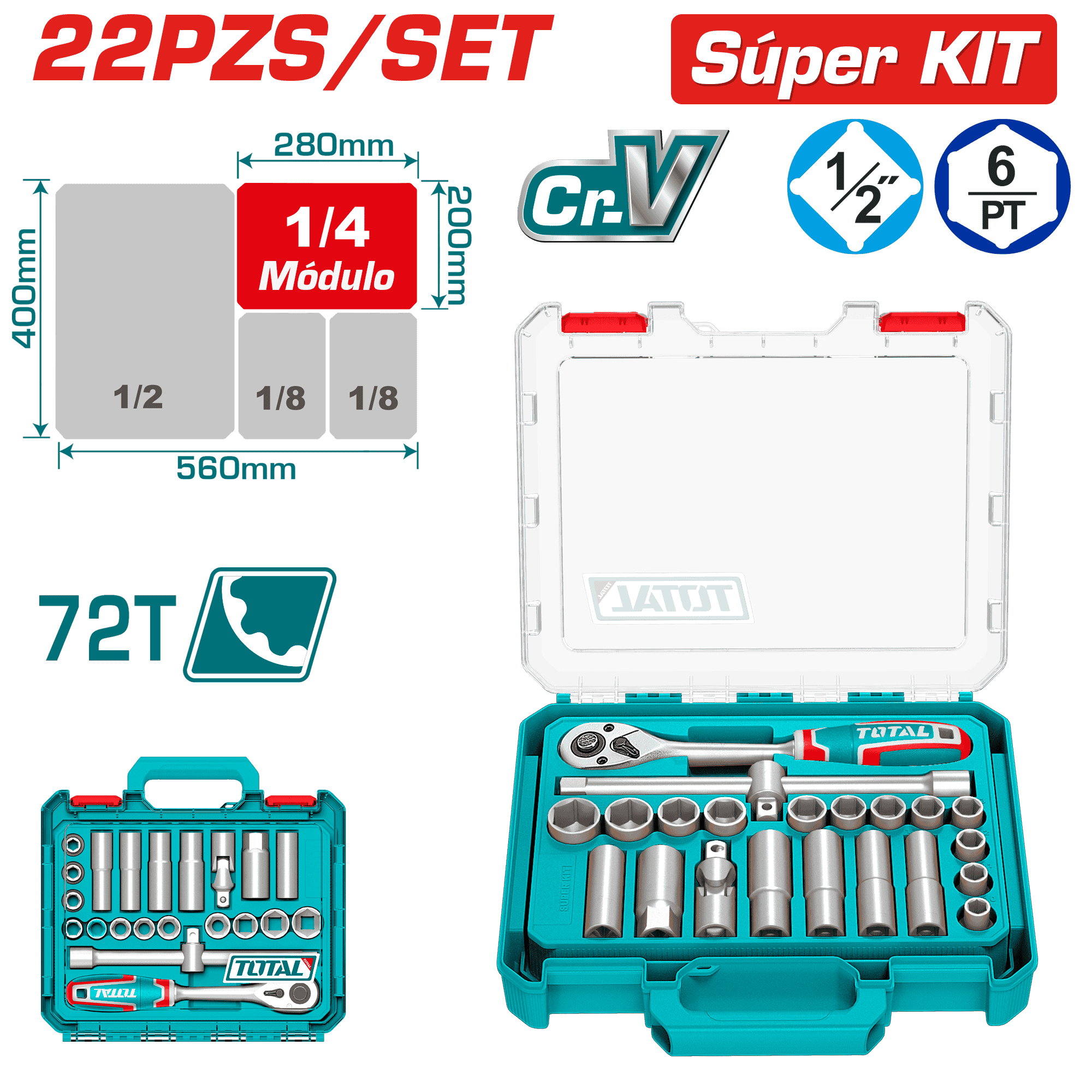 SET RACHET 1/2 + SOCKET 50BV30 22PCS MALETIN MODULAR INDUSTRIAL