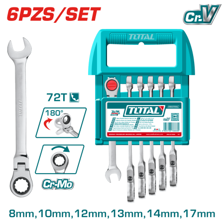 SET LLAVES COMB RATCHET FLEX 6PCS CR.V+CR.MO 72T 8-17MM +COLGADOR INDUSTRIAL