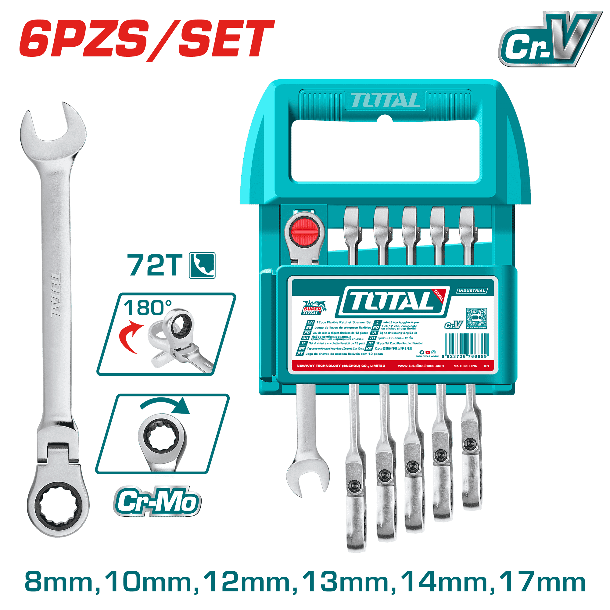 SET LLAVES COMB RATCHET FLEX 6PCS CR.V+CR.MO 72T 8-17MM +COLGADOR INDUSTRIAL